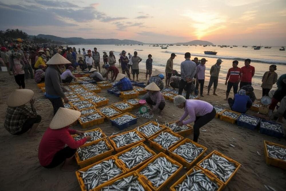 Bạn n&ecirc;n gh&eacute; l&agrave;ng ch&agrave;i v&agrave;o buổi s&aacute;ng để chứng kiến cảnh bu&ocirc;n b&aacute;n tấp nập.